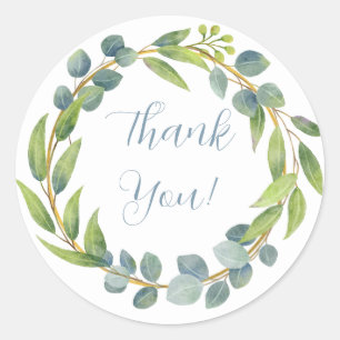 Sticker Rond Aquarelle romantique Feuille verte Merci Floral Cl