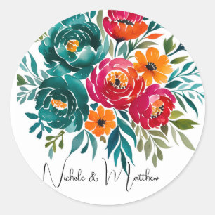 Sticker Rond Aquarelle romantique : un Mariage coloré en fleurs