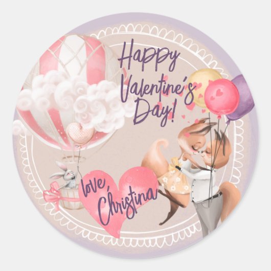 Sticker Rond Aquarelle romantique Valentine Love Foxes sur viol (Devant)