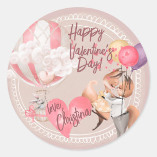 Sticker Rond Aquarelle romantique Valentine Love Renards sur ro