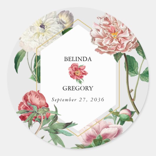 Sticker Rond Aquarelle rose blanc pivoines Mariage (Devant)