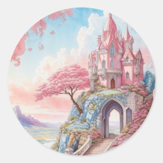 Sticker Rond Aquarelle rose bleu Imaginaire Château (Devant)