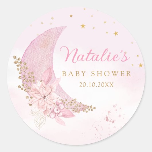 Sticker Rond Aquarelle rose Boho Sur Le Baby shower Lune (Devant)