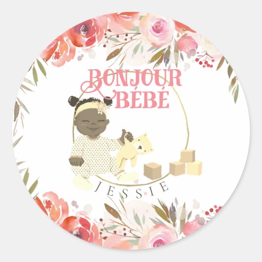 Sticker Rond Aquarelle Rose Bonjour Fille Bébé 3 (Devant)