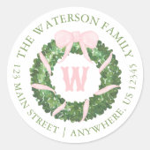 Sticker Rond Aquarelle Rose Bow Sash Noël Wreath cadeau (Devant)