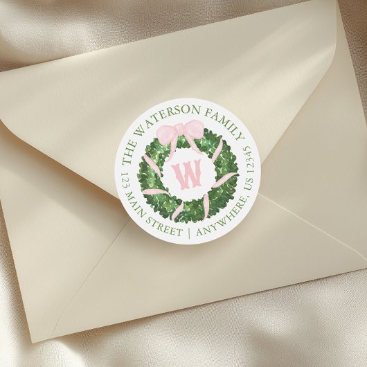 Sticker Rond Aquarelle Rose Bow Sash Noël Wreath cadeau