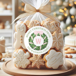 Sticker Rond Aquarelle Rose Bow Sash Noël Wreath cadeau