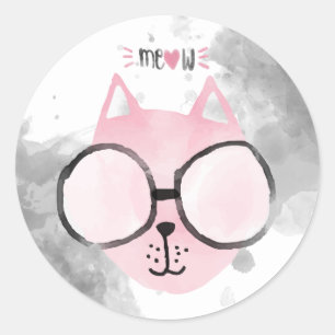 Sticker Rond Aquarelle rose chat cool Meow