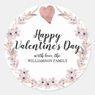 Sticker Rond Aquarelle rose Coeur et Fleur Saint-Valentin
