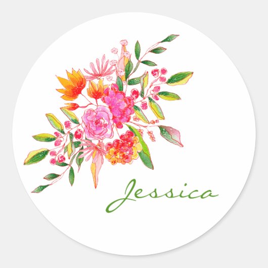 Sticker Rond Aquarelle rose colorée Art Floral Personnalisé (Devant)