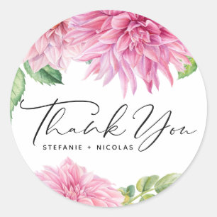 Sticker Rond Aquarelle rose Dahlia Fleurs Mariage Merci