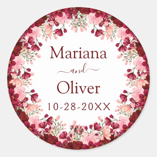 Sticker Rond Aquarelle rose de Bourgogne Mariage (Devant)