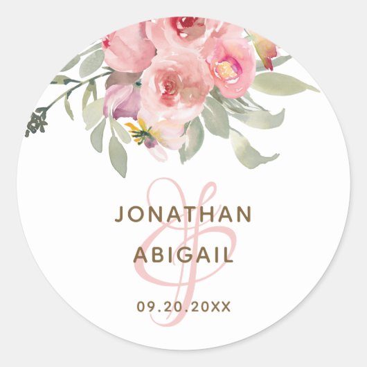 Sticker Rond Aquarelle rose doux Mariage de bouquet floral (Devant)