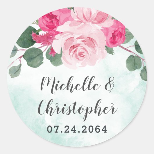 Sticker Rond Aquarelle rose et argent Mariage floral (Devant)