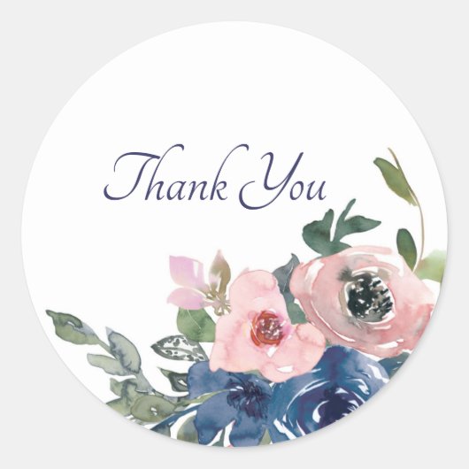 Sticker Rond Aquarelle rose et bleu floral merci classique (Devant)