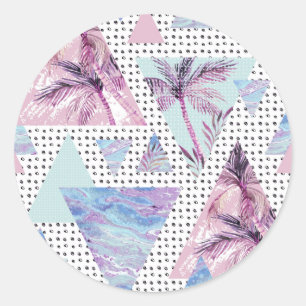 Sticker Rond Aquarelle rose et bleu Motif de palmier