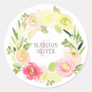 Sticker Rond Aquarelle rose et jaune couronne florale MARIAGE