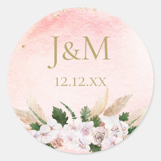 Sticker Rond Aquarelle rose et or luxuriante Florale (Devant)
