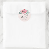 Sticker Rond Aquarelle rose et vert Mariage Floral Monogramme (Sac)