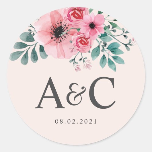 Sticker Rond Aquarelle rose et vert Mariage Floral Monogramme (Devant)