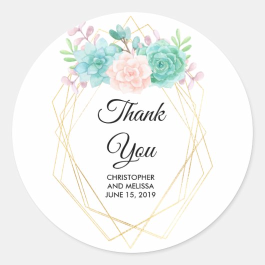 Sticker Rond Aquarelle rose et vert moderne Mariage Succulent (Devant)