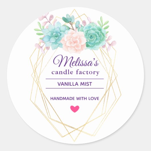 Sticker Rond Aquarelle rose et vert Succulent bougie savon (Devant)