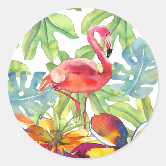 Sticker Rond Aquarelle rose Flamant rose tropical (Devant)