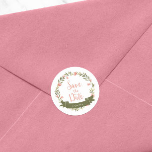 Sticker Rond Aquarelle rose Fleur couronne Enregistrer la date