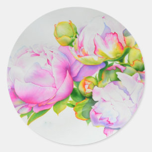 Sticker Rond Aquarelle rose fleurie rose pivoines blanc floral