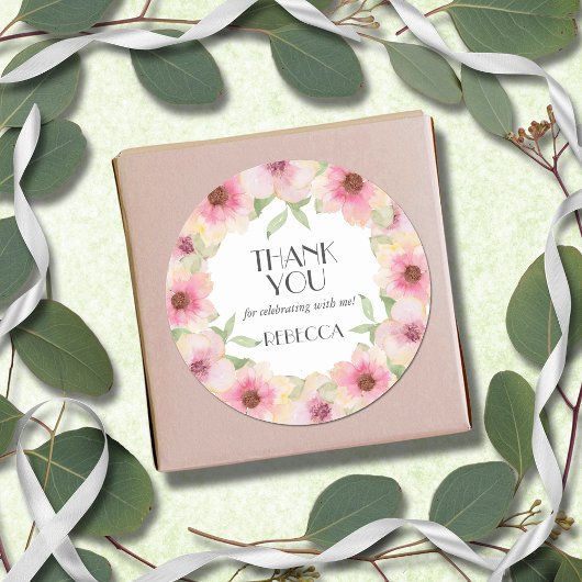 Sticker Rond Aquarelle rose Fleurs blanches