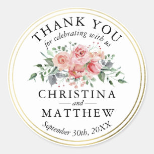 Sticker Rond Aquarelle rose Floral Mariage or Merci