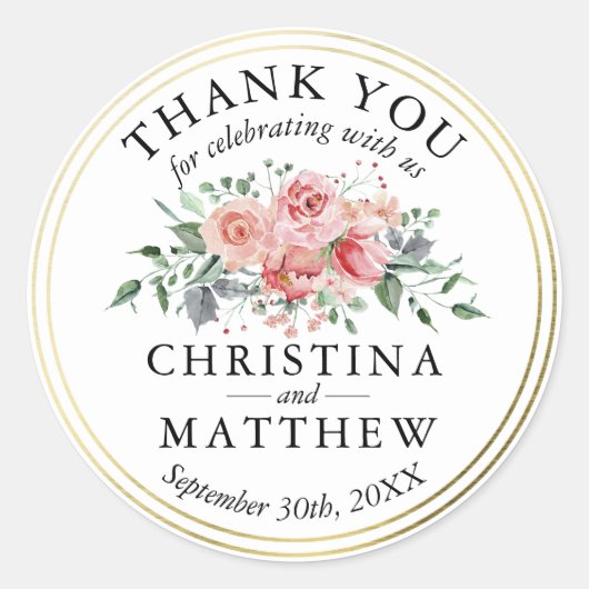 Sticker Rond Aquarelle rose Floral Mariage or Merci (Devant)