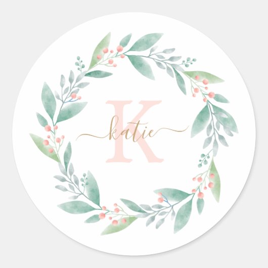 Sticker Rond Aquarelle rose Floral Wreath Monogramme (Devant)