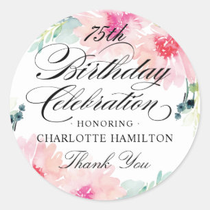 Sticker Rond Aquarelle rose florale 75e anniversaire