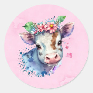 Sticker Rond Aquarelle rose Jote Vache Floral Fille Baby shower