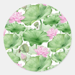 Sticker Rond Aquarelle rose Lotus Fleurs avec grands Feuilles