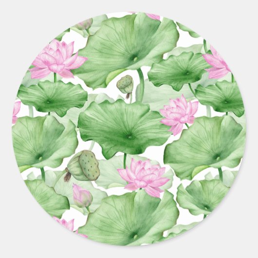 Sticker Rond Aquarelle rose Lotus Fleurs avec grands Feuilles (Devant)