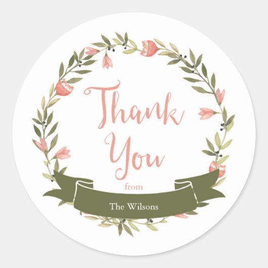 Sticker Rond Aquarelle rose Merci de couronne de fleurs (Devant)