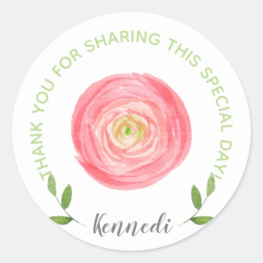 Sticker Rond Aquarelle rose Merci Floral (Devant)