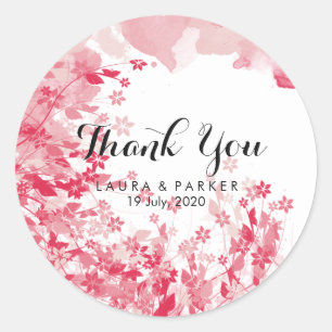 Sticker Rond Aquarelle rose Merci Floral Artiste Mariage