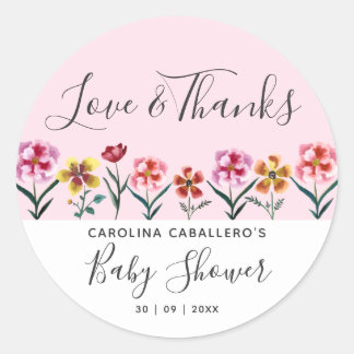 Sticker Rond Aquarelle rose mignonne Floral Girl Baby shower Fa