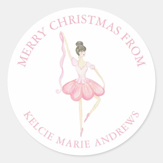 Sticker Rond Aquarelle rose Noël Ballerina Cadeau (Devant)
