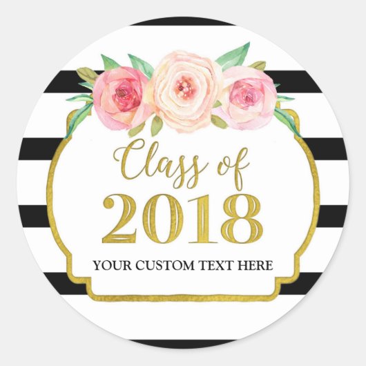 Sticker Rond Aquarelle rose Or Grilles noires Graduation 2018 (Devant)