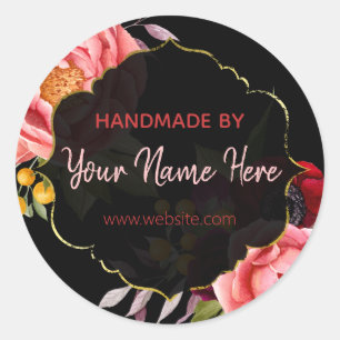 Sticker Rond Aquarelle rose or noir rose Floral fait main