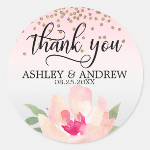 Sticker Rond Aquarelle rose pâle Aquarelle gris Merci Mariage