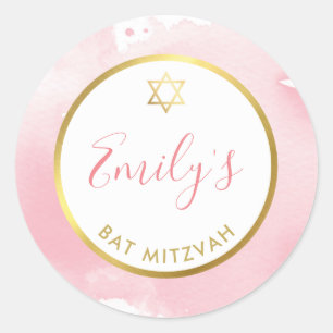 Sticker Rond Aquarelle rose pâle brillante étoile or bat mitzva