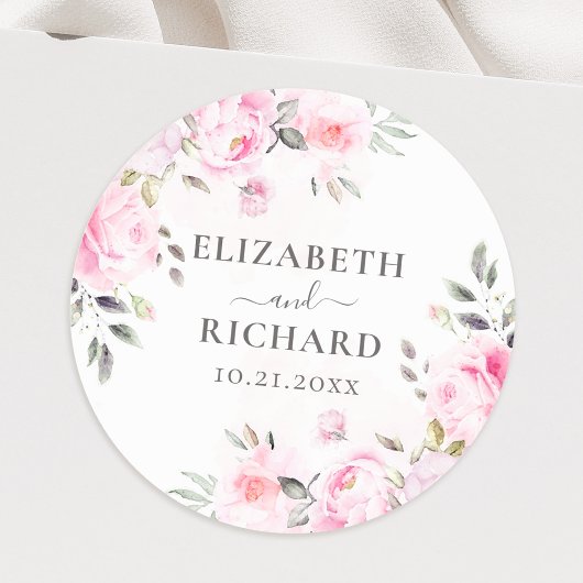 Sticker Rond Aquarelle rose pâle Mariage de verdure Florale