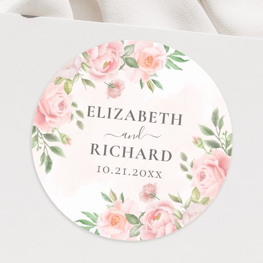 Sticker Rond Aquarelle rose pâle Mariage de verdure Florale