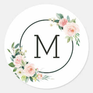 Sticker Rond Aquarelle rose pâle Monogramme de fleur