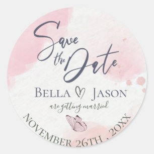 Sticker Rond Aquarelle Rose Papillon Mariage Enregistrer La Dat